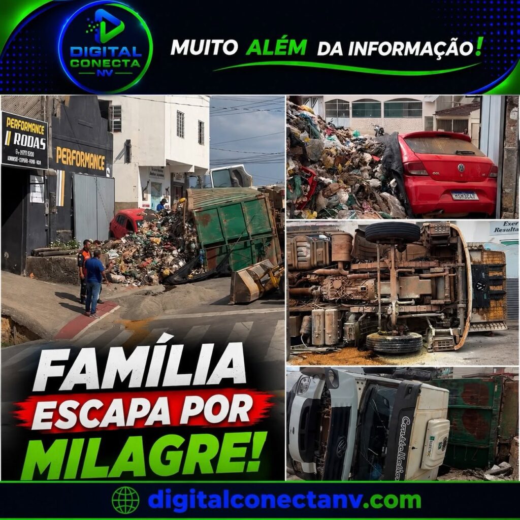 Carreta de lixo tomba, atinge carro de família e provoca susto em Nova Venécia!